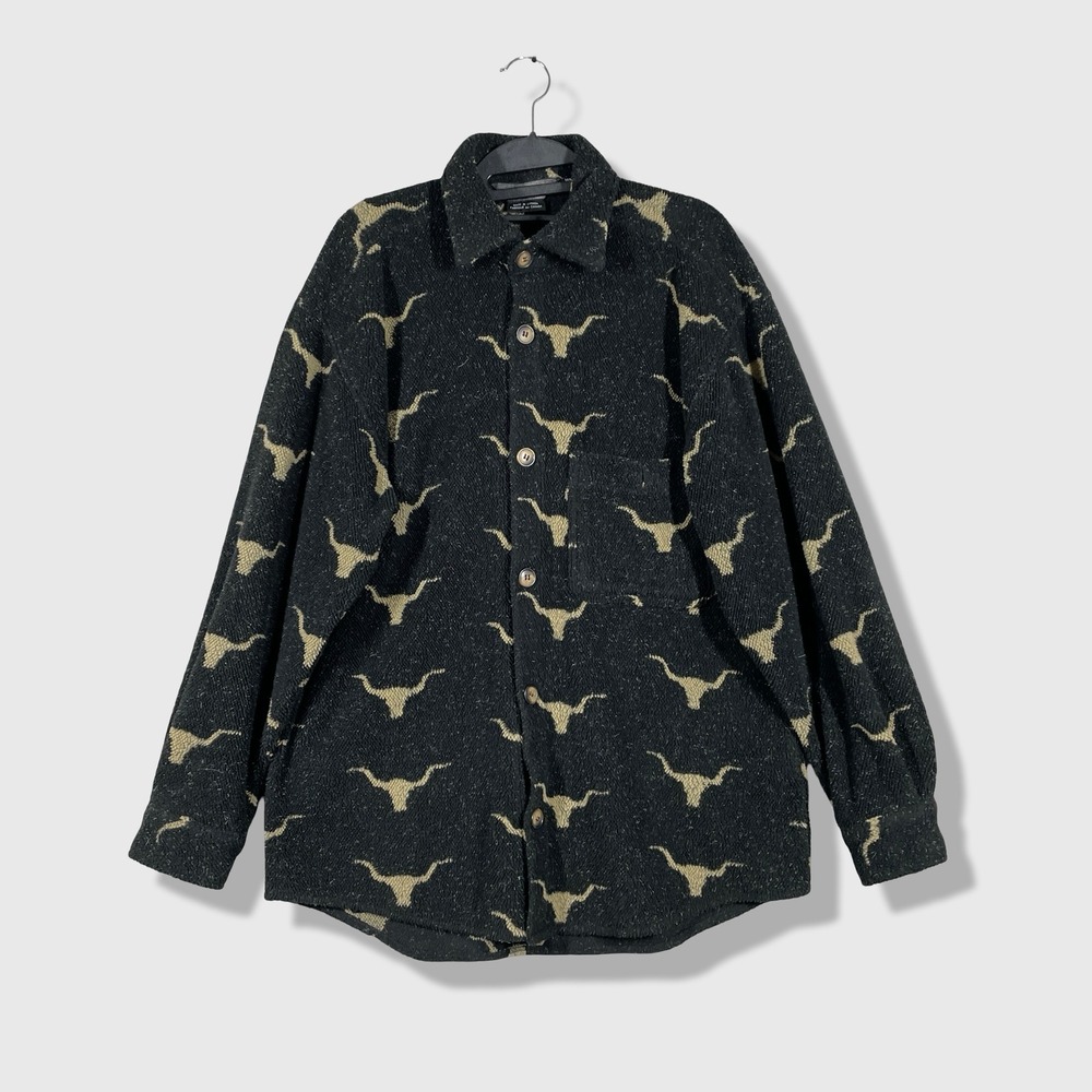 Tsunami Button Up Shirt Mens‎ Medium Black Bull Longhorn Fleece Western Boho